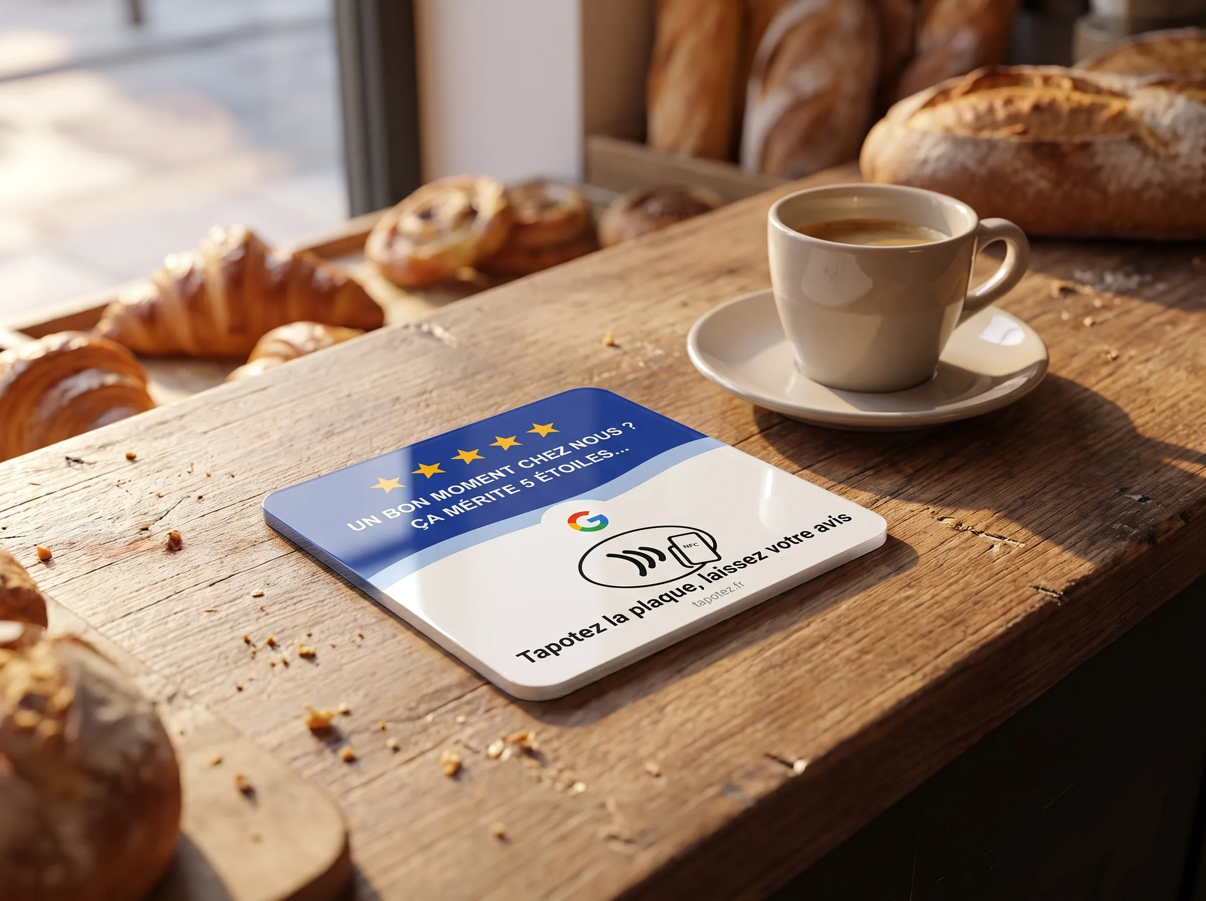 Plaque Tapotez posée sur le comptoir d'une boulangerie